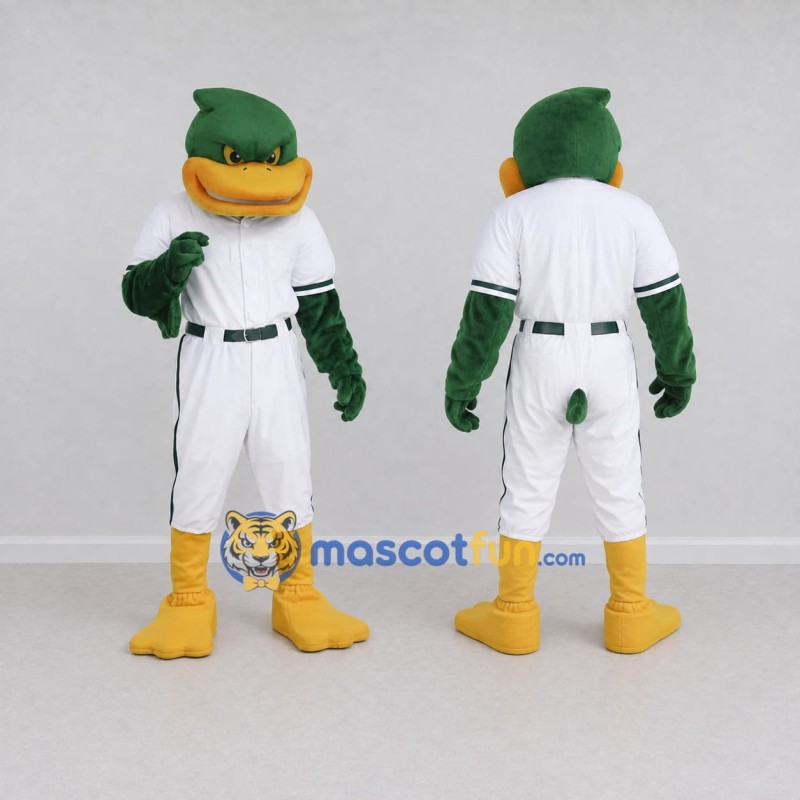Custom Green and White Duck Character in a Baseball Uniform Mascot Costume Adult Full Body Suit for Sports Events Custom Green and White Duck Character in a Baseball Uniform Mascot Costume Adult Full Body Suit for Sports Events