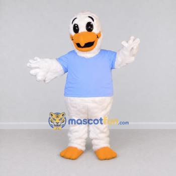 Custom White and Blue Duck Character in a T-Shirt Mascot Costume Adult Full Body Suit for School Events