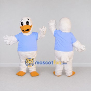 Custom White and Blue Duck Character in a T-Shirt Mascot Costume Adult Full Body Suit for School Events