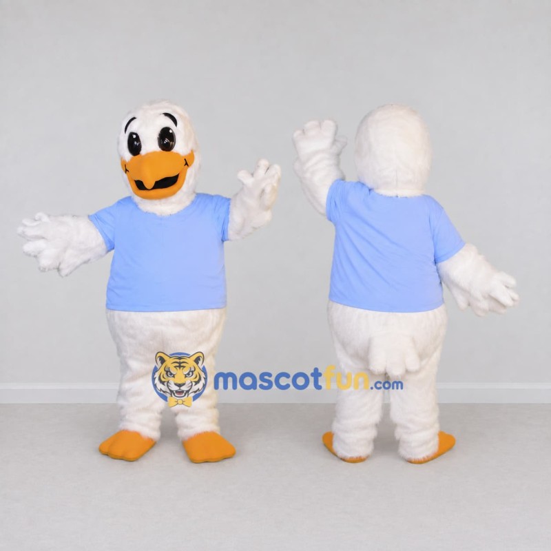 Custom White and Blue Duck Character in a T-Shirt Mascot Costume Adult Full Body Suit for School Events