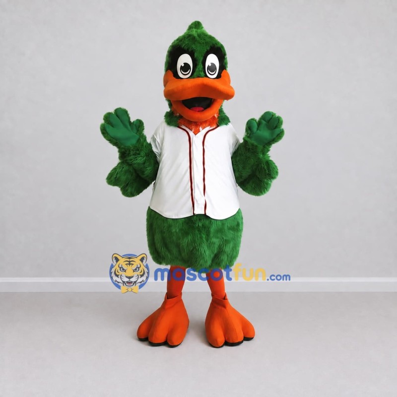 Custom Green and White Duck Character in a Jersey Mascot Costume Adult Full Body Suit for Sports Events Custom Green and White Duck Character in a Jersey Mascot Costume Adult Full Body Suit for Sports Events