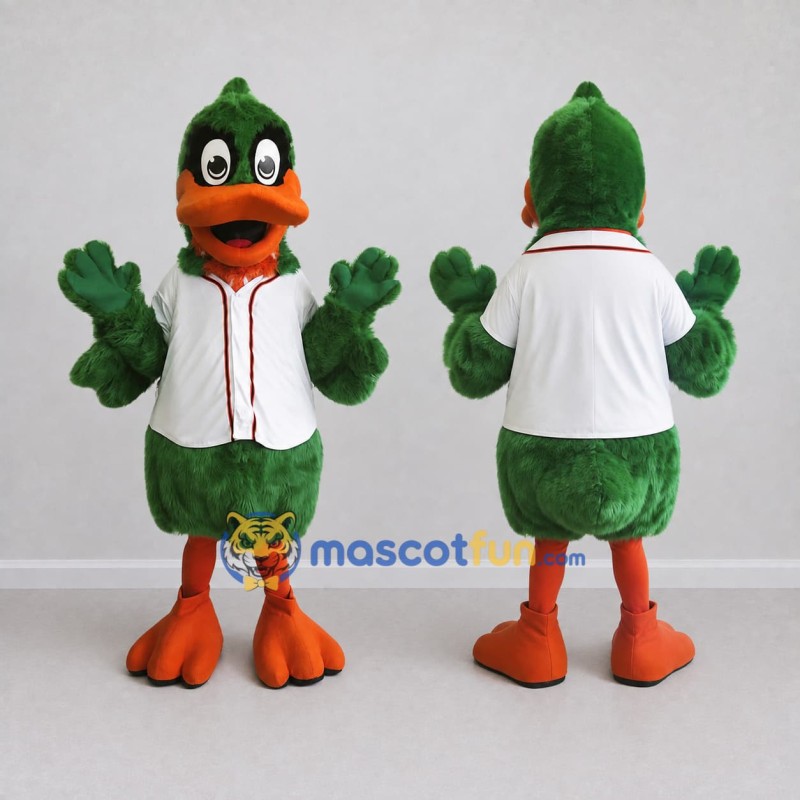 Custom Green and White Duck Character in a Jersey Mascot Costume Adult Full Body Suit for Sports Events Custom Green and White Duck Character in a Jersey Mascot Costume Adult Full Body Suit for Sports Events