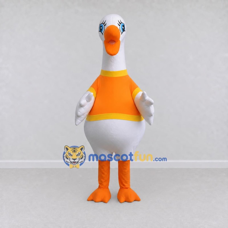 Custom White and Orange Goose Character in a Shirt Mascot Costume Adult Full Body Suit for Farm Events Custom White and Orange Goose Character in a Shirt Mascot Costume Adult Full Body Suit for Farm Events