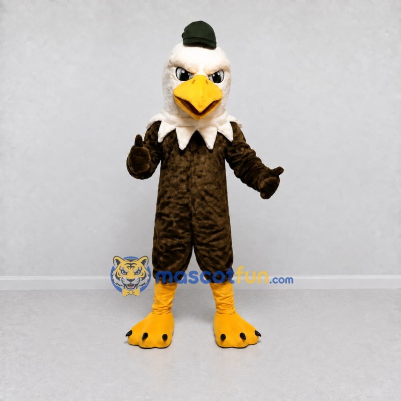 Custom Brown and White Eagle Character with a Beanie Mascot Costume Adult Full Body Suit for School Events Custom Brown and White Eagle Character with a Beanie Mascot Costume Adult Full Body Suit for School Events