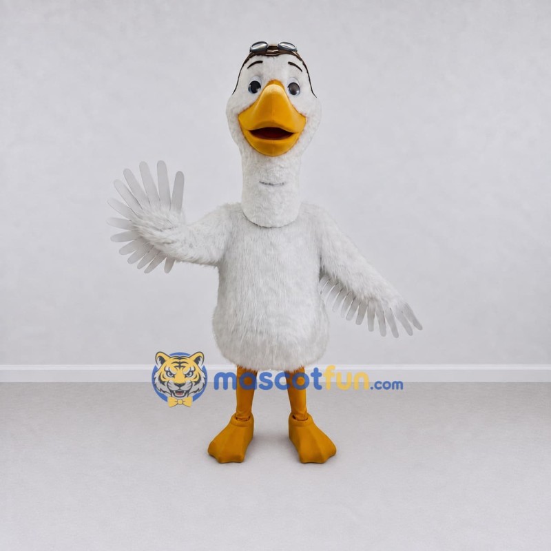Custom White and Brown Goose Character with an Aviator Cap Mascot Costume Adult Full Body Suit for Theme Parties Custom White and Brown Goose Character with an Aviator Cap Mascot Costume Adult Full Body Suit for Theme Parties