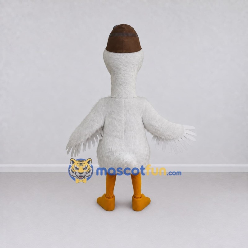Custom White and Brown Goose Character with an Aviator Cap Mascot Costume Adult Full Body Suit for Theme Parties Custom White and Brown Goose Character with an Aviator Cap Mascot Costume Adult Full Body Suit for Theme Parties