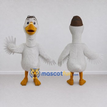 Custom White and Brown Goose Character with an Aviator Cap Mascot Costume Adult Full Body Suit for Theme Parties