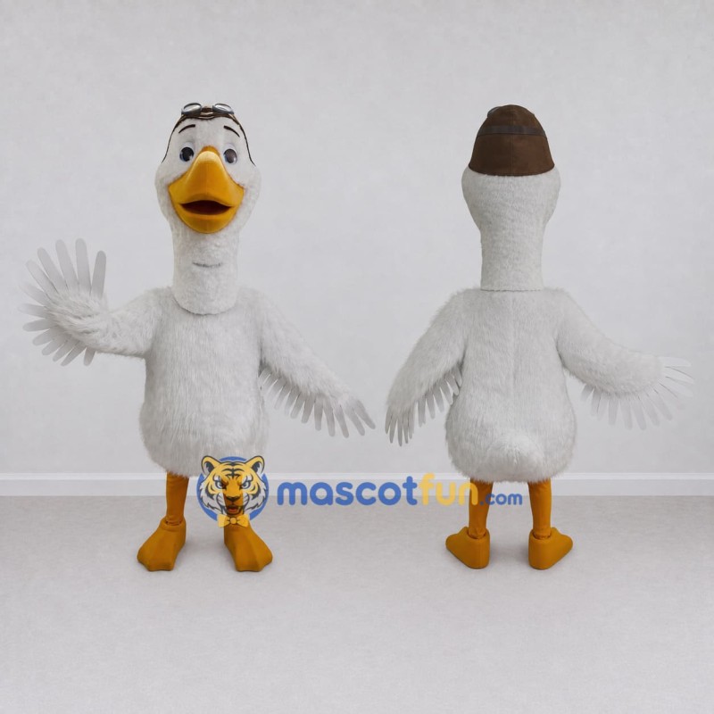 Custom White and Brown Goose Character with an Aviator Cap Mascot Costume Adult Full Body Suit for Theme Parties Custom White and Brown Goose Character with an Aviator Cap Mascot Costume Adult Full Body Suit for Theme Parties