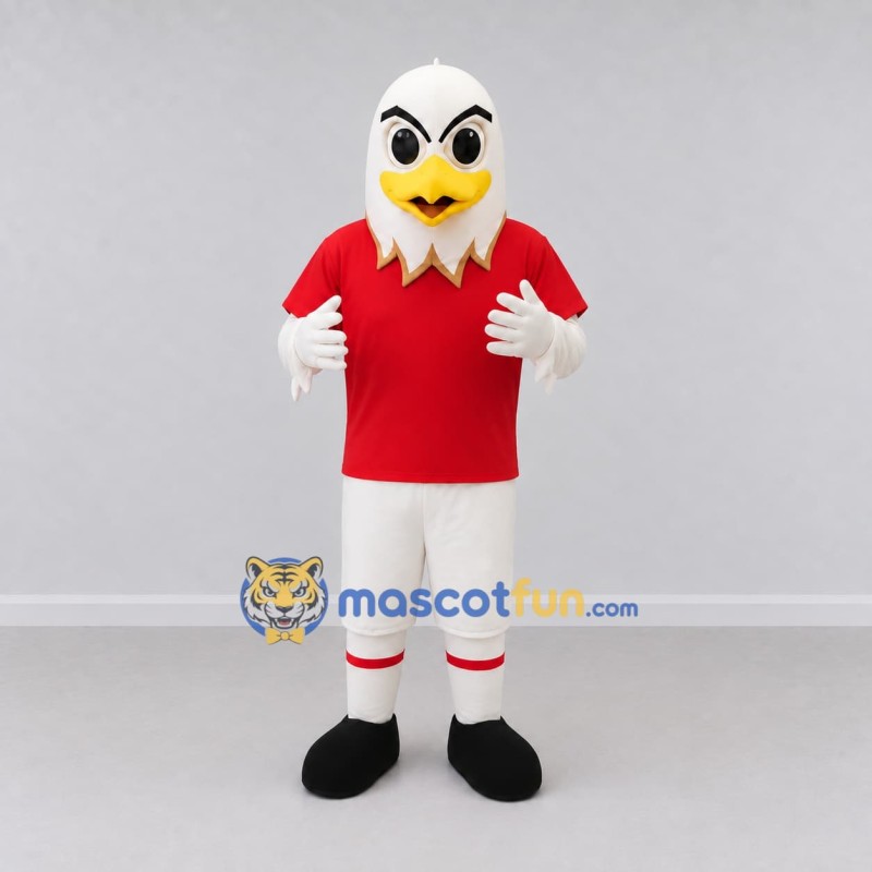 Custom White and Red Eagle Character in a T-Shirt Mascot Costume Adult Full Body Suit for Sports Events Custom White and Red Eagle Character in a T-Shirt Mascot Costume Adult Full Body Suit for Sports Events