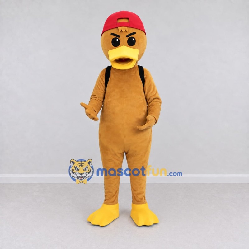 Custom Tan and Yellow Duck Character with a Backpack Mascot Costume Adult Full Body Suit for School Events Custom Tan and Yellow Duck Character with a Backpack Mascot Costume Adult Full Body Suit for School Events