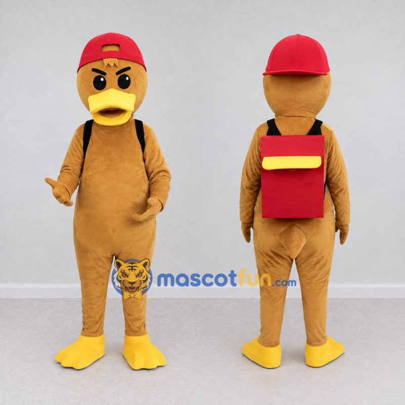 Custom Tan and Yellow Duck Character with a Backpack Mascot Costume Adult Full Body Suit for School Events Custom Tan and Yellow Duck Character with a Backpack Mascot Costume Adult Full Body Suit for School Events