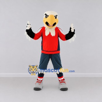 Custom White and Red Eagle Character in Sportswear Mascot Costume Adult Full Body Suit for Sports Events