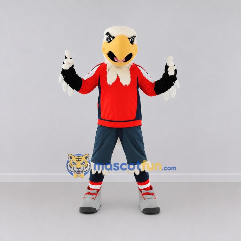 Custom White and Red Eagle Character in Sportswear Mascot Costume Adult Full Body Suit for Sports Events Custom White and Red Eagle Character in Sportswear Mascot Costume Adult Full Body Suit for Sports Events