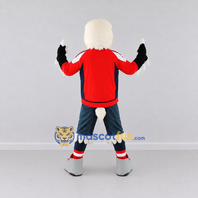 Custom White and Red Eagle Character in Sportswear Mascot Costume Adult Full Body Suit for Sports Events Custom White and Red Eagle Character in Sportswear Mascot Costume Adult Full Body Suit for Sports Events