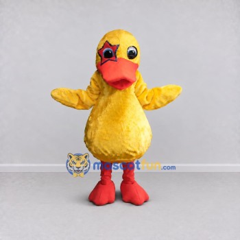 Custom Yellow and Red Duck Character with a Star Eye Patch Mascot Costume Adult Full Body Suit for Theme Parties