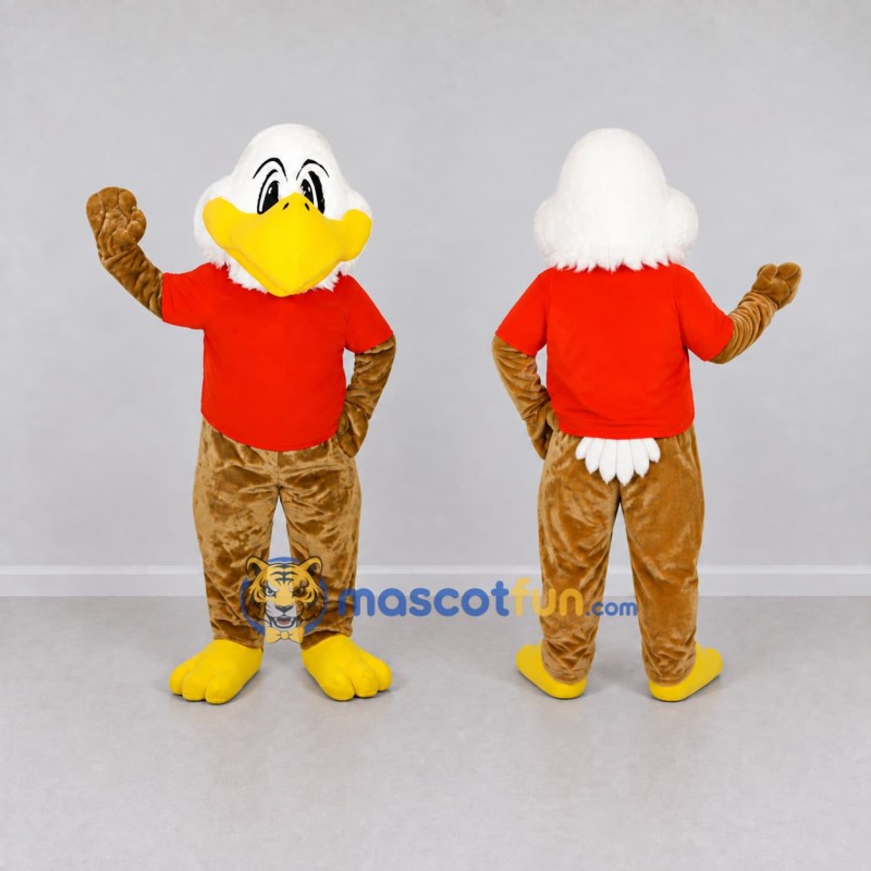 Custom Brown and White Eagle Character in a Red Shirt Mascot Costume Adult Full Body Suit for Sports Events Custom Brown and White Eagle Character in a Red Shirt Mascot Costume Adult Full Body Suit for Sports Events