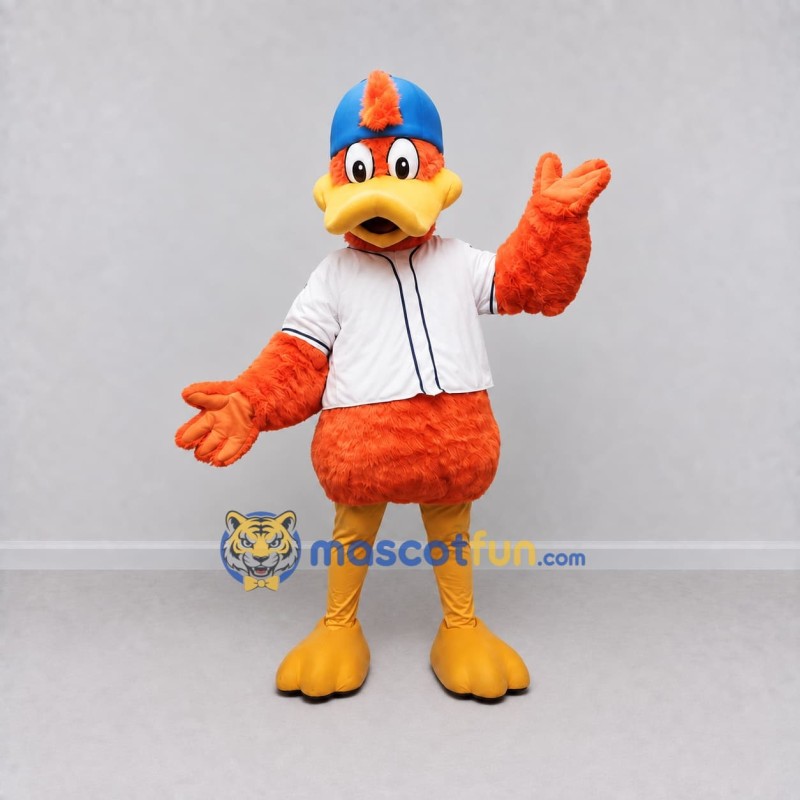 Custom Orange and White Duck Character in a Baseball Jersey Mascot Costume Adult Full Body Suit for Sports Events Custom Orange and White Duck Character in a Baseball Jersey Mascot Costume Adult Full Body Suit for Sports Events