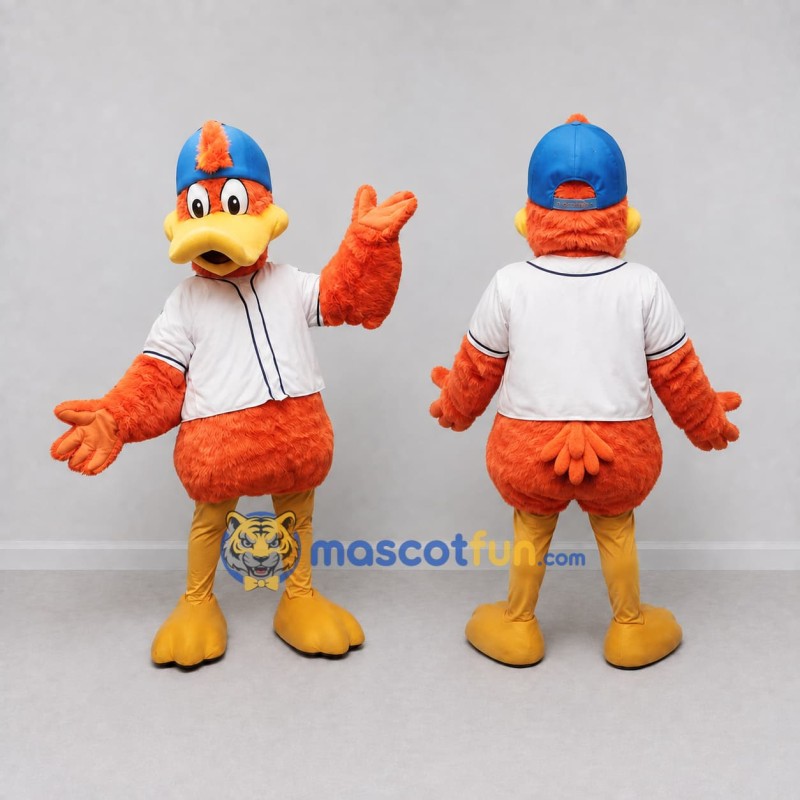 Custom Orange and White Duck Character in a Baseball Jersey Mascot Costume Adult Full Body Suit for Sports Events Custom Orange and White Duck Character in a Baseball Jersey Mascot Costume Adult Full Body Suit for Sports Events