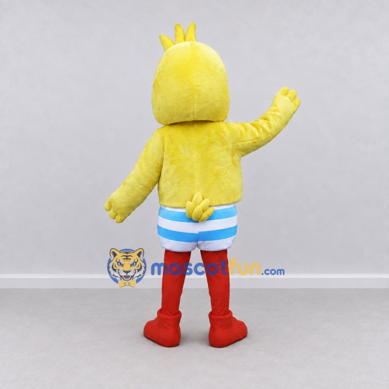 Custom Yellow and Blue Duck Character in Striped Shorts Mascot Costume Adult Full Body Suit for Summer Events Custom Yellow and Blue Duck Character in Striped Shorts Mascot Costume Adult Full Body Suit for Summer Events