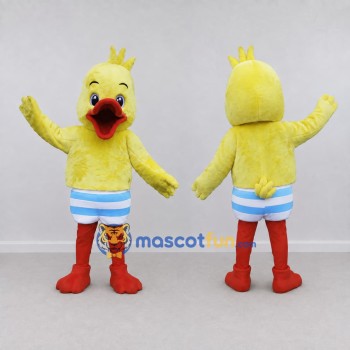 Custom Yellow and Blue Duck Character in Striped Shorts Mascot Costume Adult Full Body Suit for Summer Events