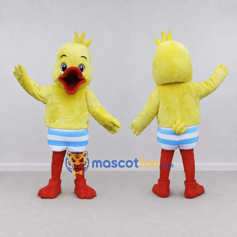 Custom Yellow and Blue Duck Character in Striped Shorts Mascot Costume Adult Full Body Suit for Summer Events Custom Yellow and Blue Duck Character in Striped Shorts Mascot Costume Adult Full Body Suit for Summer Events