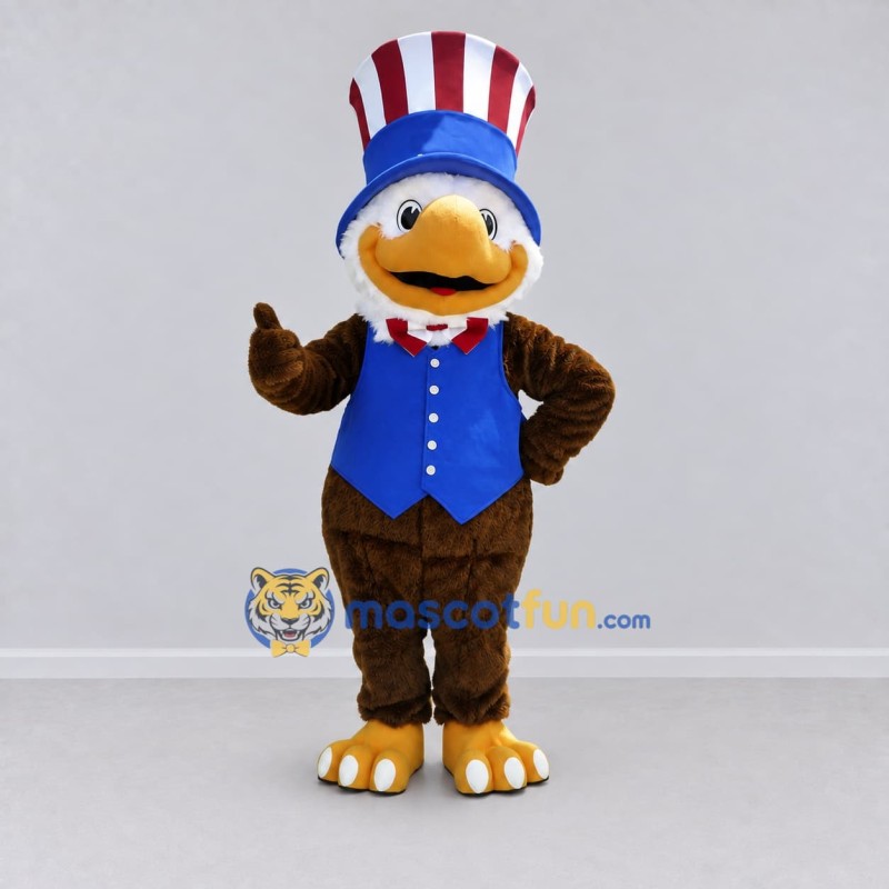 Custom Brown and Blue Bird Character in a Patriotic Top Hat Mascot Costume Adult Full Body Suit for Community Events Custom Brown and Blue Bird Character in a Patriotic Top Hat Mascot Costume Adult Full Body Suit for Community Events