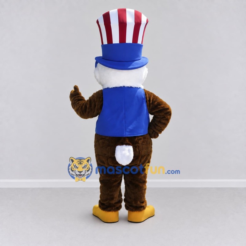 Custom Brown and Blue Bird Character in a Patriotic Top Hat Mascot Costume Adult Full Body Suit for Community Events Custom Brown and Blue Bird Character in a Patriotic Top Hat Mascot Costume Adult Full Body Suit for Community Events