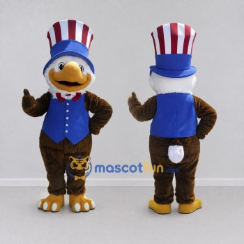 Custom Brown and Blue Bird Character in a Patriotic Top Hat Mascot Costume Adult Full Body Suit for Community Events