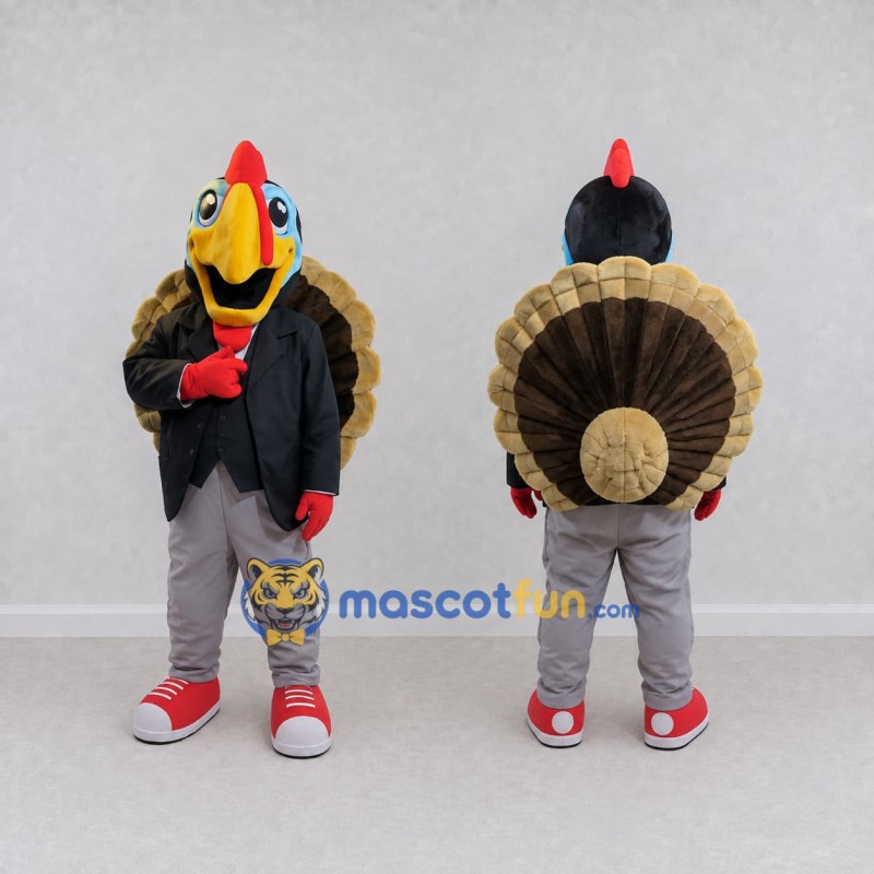 Custom Black and Brown Turkey Character in a Blazer Mascot Costume Adult Full Body Suit for Community Events Custom Black and Brown Turkey Character in a Blazer Mascot Costume Adult Full Body Suit for Community Events