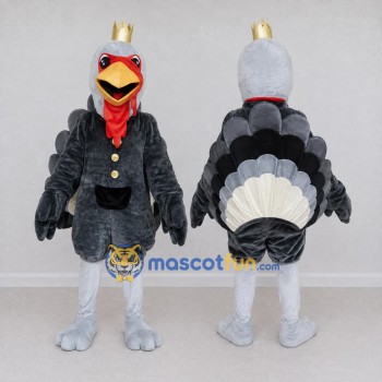 Custom Gray and Black Turkey King Character Mascot Costume Adult Full Body Suit for Theme Parties