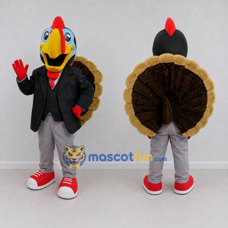 Custom Black and Brown Turkey Character in a Blazer Mascot Costume Adult Full Body Suit for Community Events Custom Black and Brown Turkey Character in a Blazer Mascot Costume Adult Full Body Suit for Community Events