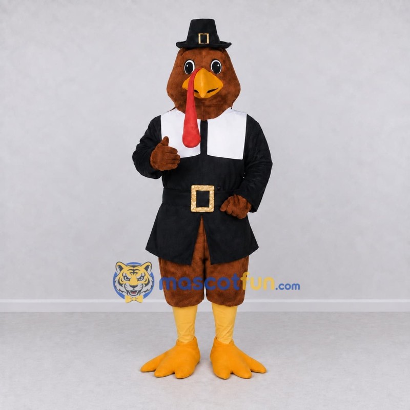Custom Brown and Black Turkey Character in a Pilgrim Outfit Mascot Costume Adult Full Body Suit for Community Events Custom Brown and Black Turkey Character in a Pilgrim Outfit Mascot Costume Adult Full Body Suit for Community Events