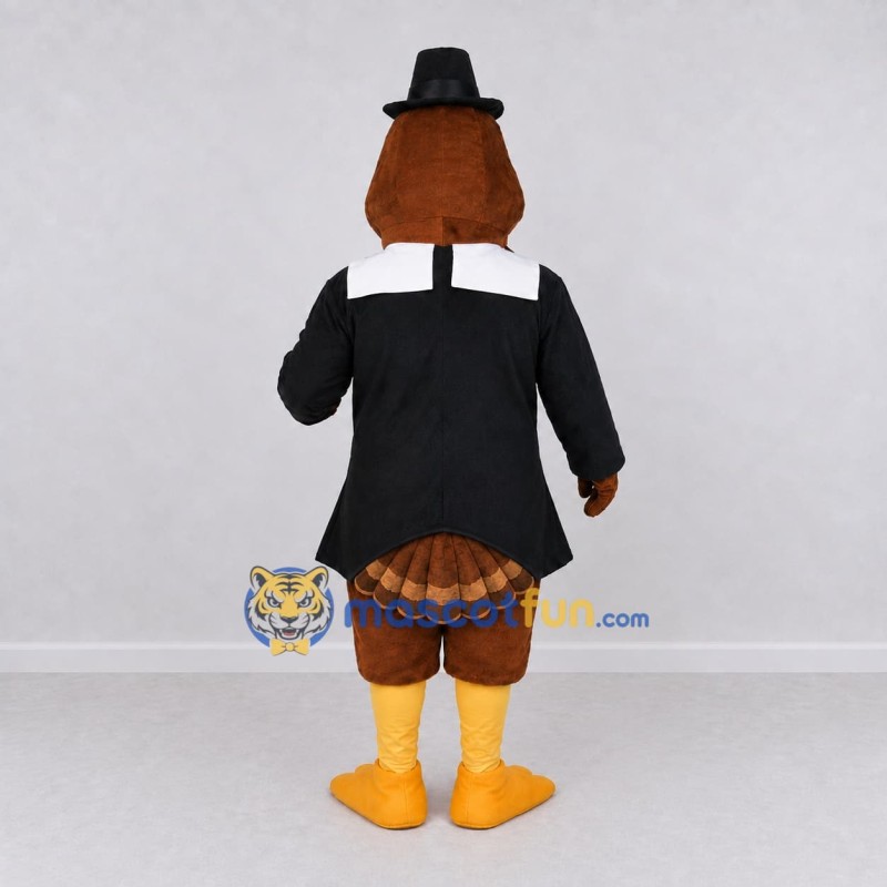 Custom Brown and Black Turkey Character in a Pilgrim Outfit Mascot Costume Adult Full Body Suit for Community Events Custom Brown and Black Turkey Character in a Pilgrim Outfit Mascot Costume Adult Full Body Suit for Community Events