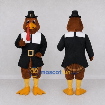 Custom Brown and Black Turkey Character in a Pilgrim Outfit Mascot Costume Adult Full Body Suit for Community Events