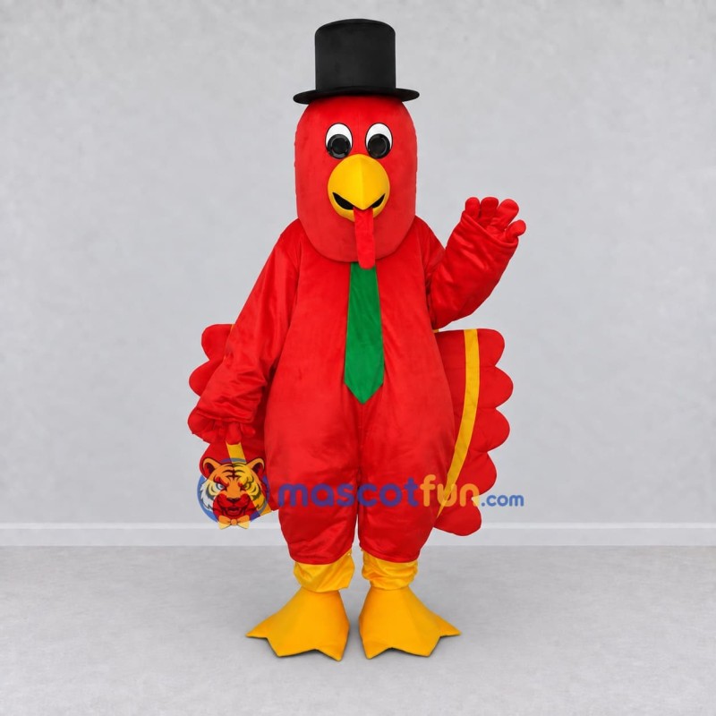Custom Red and Yellow Turkey Character with a Top Hat Mascot Costume Adult Full Body Suit for Theme Parties