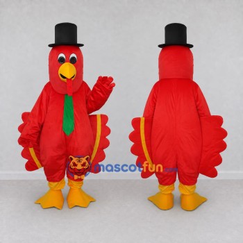 Custom Red and Yellow Turkey Character with a Top Hat Mascot Costume Adult Full Body Suit for Theme Parties