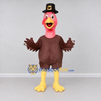 Custom Brown and Pink Turkey Character with a Pilgrim Hat Mascot Costume Adult Full Body Suit for Community Events Custom Brown and Pink Turkey Character with a Pilgrim Hat Mascot Costume Adult Full Body Suit for Community Events