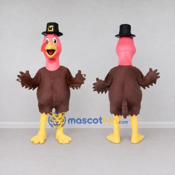 Custom Brown and Pink Turkey Character with a Pilgrim Hat Mascot Costume Adult Full Body Suit for Community Events