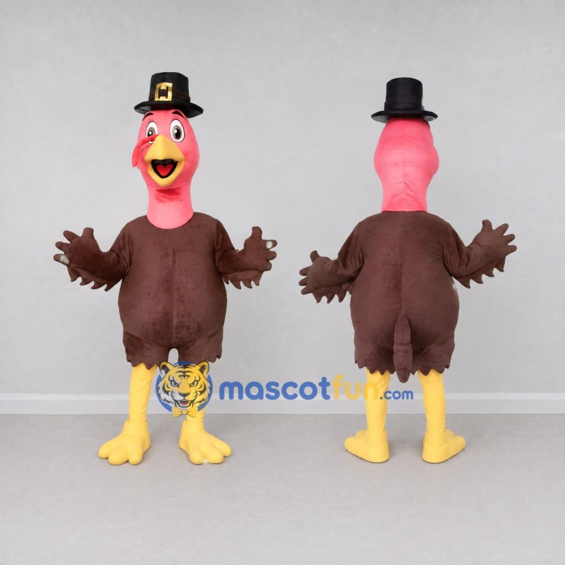 Custom Brown and Pink Turkey Character with a Pilgrim Hat Mascot Costume Adult Full Body Suit for Community Events Custom Brown and Pink Turkey Character with a Pilgrim Hat Mascot Costume Adult Full Body Suit for Community Events