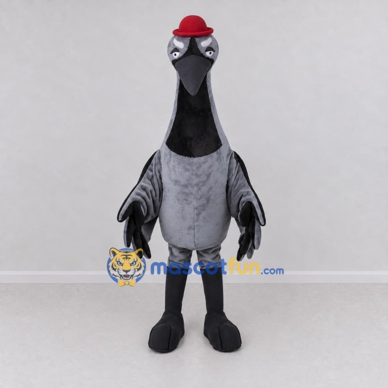 Custom Gray and Black Bird Character with a Red Hat Mascot Costume Adult Full Body Suit for Theme Parties