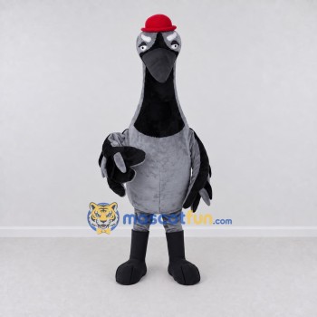 Custom Gray and Black Bird Character with a Red Hat Mascot Costume Adult Full Body Suit for Theme Parties