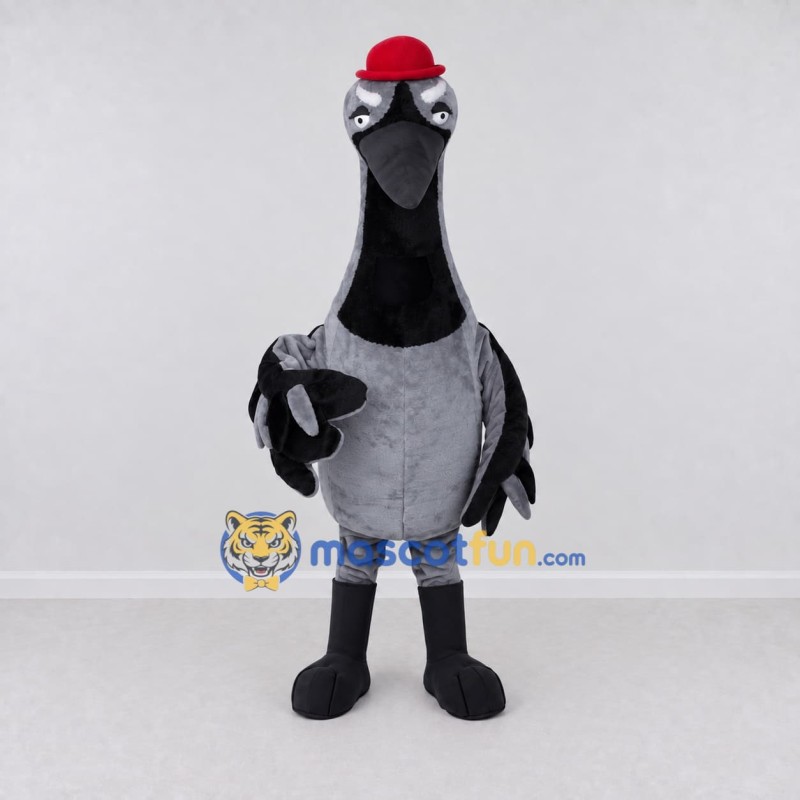 Custom Gray and Black Bird Character with a Red Hat Mascot Costume Adult Full Body Suit for Theme Parties