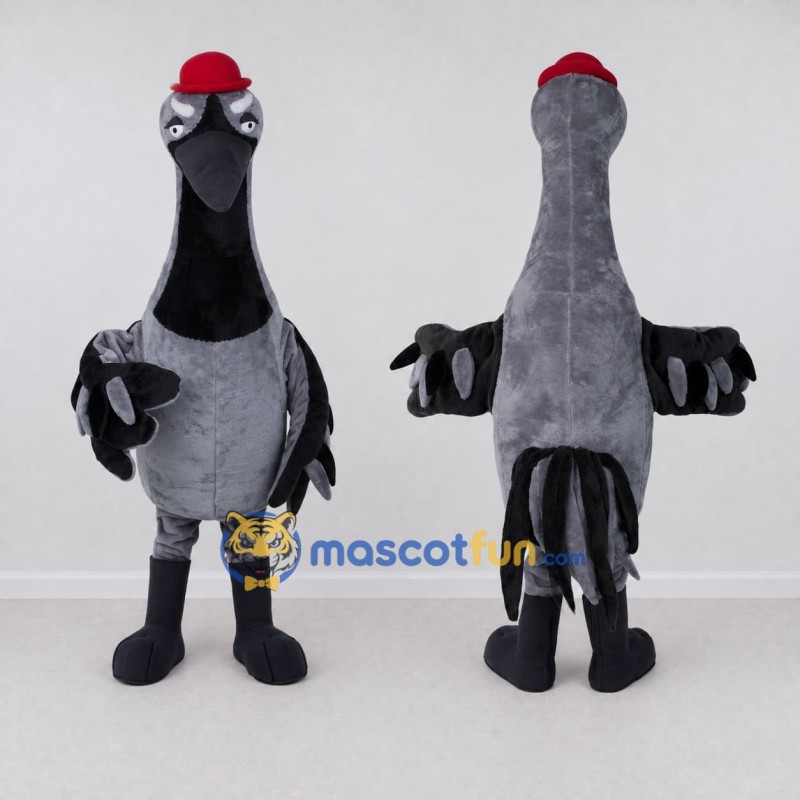 Custom Gray and Black Bird Character with a Red Hat Mascot Costume Adult Full Body Suit for Theme Parties