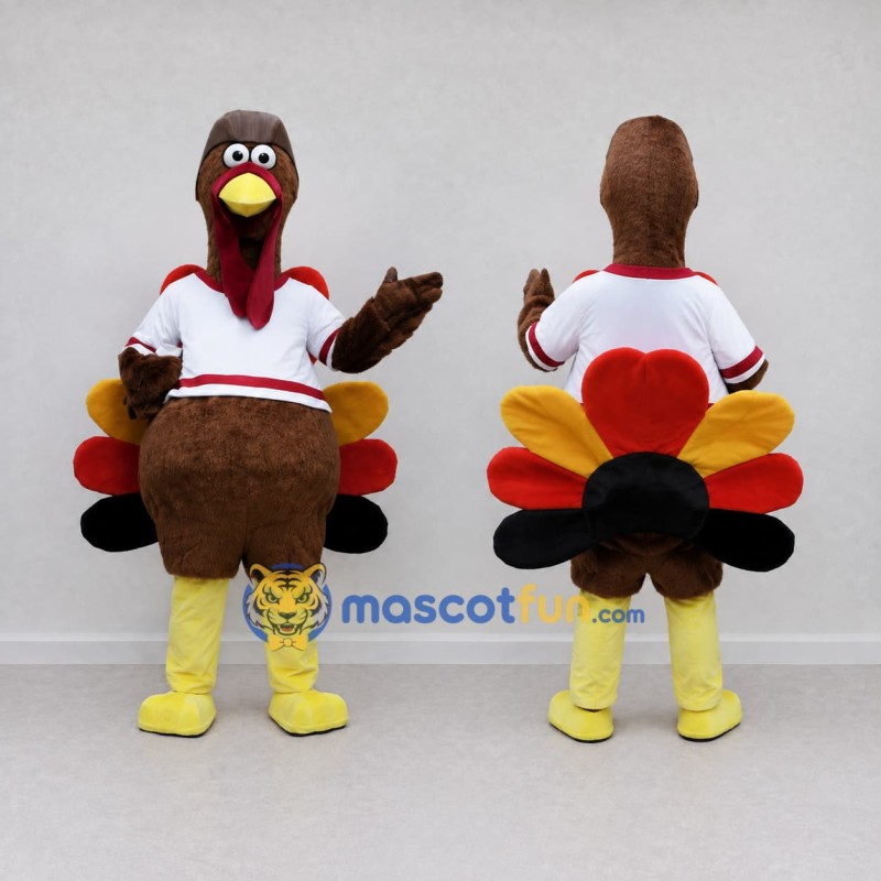 Custom Brown and White Turkey Character in a Jersey Mascot Costume Adult Full Body Suit for Sports Events Custom Brown and White Turkey Character in a Jersey Mascot Costume Adult Full Body Suit for Sports Events