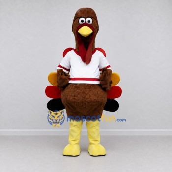Custom Brown and White Turkey Character in a Jersey Mascot Costume Adult Full Body Suit for Sports Events Custom Brown and White Turkey Character in a Jersey Mascot Costume Adult Full Body Suit for Sports Events
