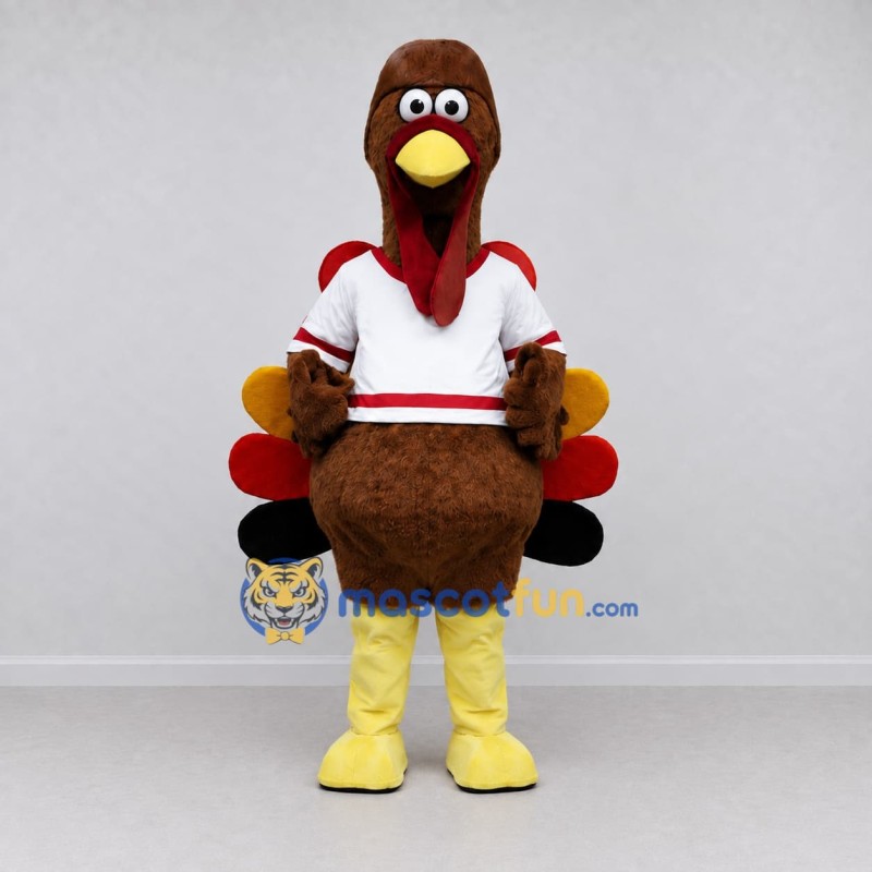 Custom Brown and White Turkey Character in a Jersey Mascot Costume Adult Full Body Suit for Sports Events Custom Brown and White Turkey Character in a Jersey Mascot Costume Adult Full Body Suit for Sports Events