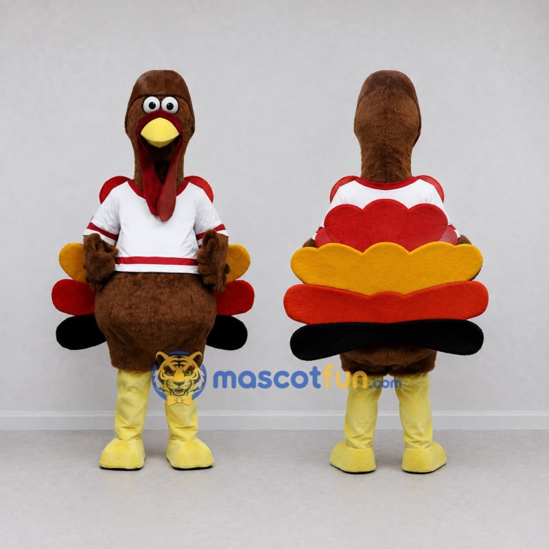 Custom Brown and White Turkey Character in a Jersey Mascot Costume Adult Full Body Suit for Sports Events Custom Brown and White Turkey Character in a Jersey Mascot Costume Adult Full Body Suit for Sports Events
