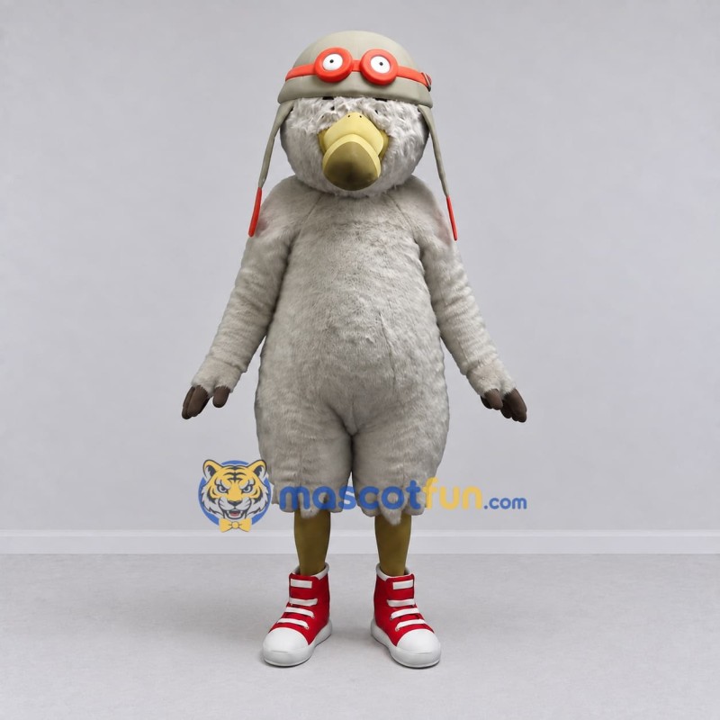 Custom Gray and Cream Aviator Bird Character Mascot Costume Adult Full Body Suit for Theme Parties Custom Gray and Cream Aviator Bird Character Mascot Costume Adult Full Body Suit for Theme Parties