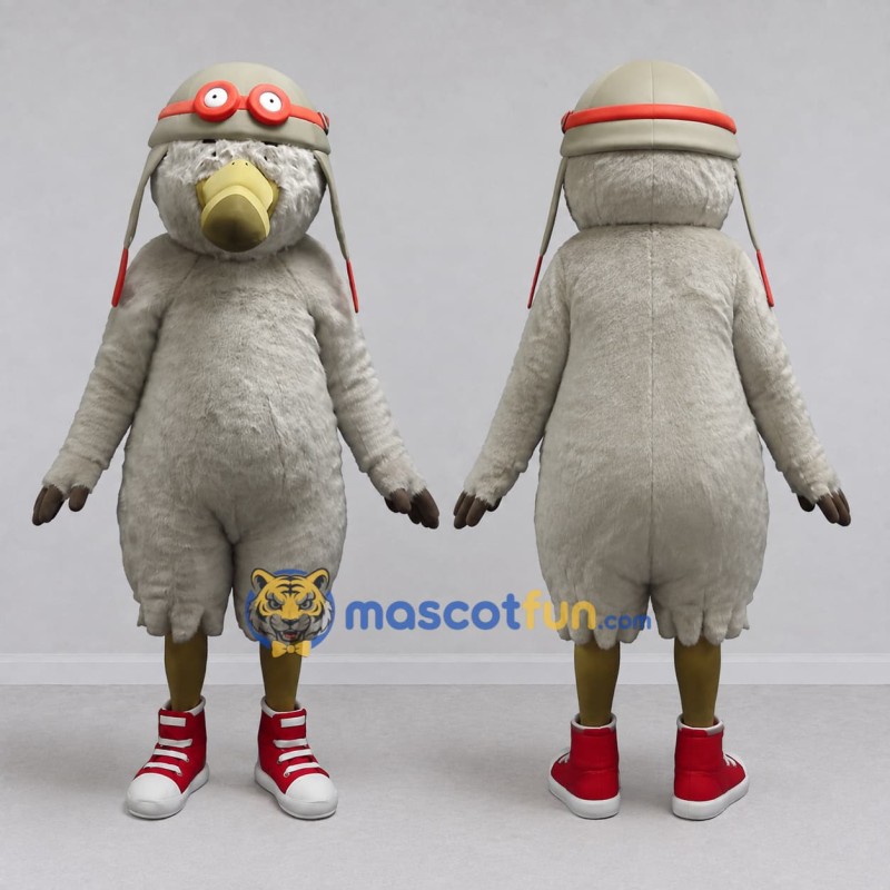 Custom Gray and Cream Aviator Bird Character Mascot Costume Adult Full Body Suit for Theme Parties Custom Gray and Cream Aviator Bird Character Mascot Costume Adult Full Body Suit for Theme Parties