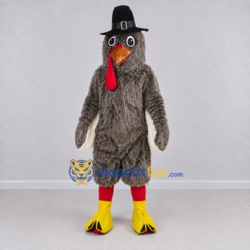 Custom Gray and Red Turkey Character with a Pilgrim Hat Mascot Costume Adult Full Body Suit for Community Events Custom Gray and Red Turkey Character with a Pilgrim Hat Mascot Costume Adult Full Body Suit for Community Events